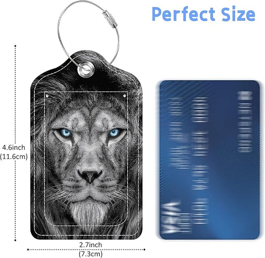 Set of 2 Luggage Tags Fierce Lion with Glowing Blue Eyes Leather Suitcases Tag with Privacy Cover Stainless Steel Loop and Address Card for Women Men Travel