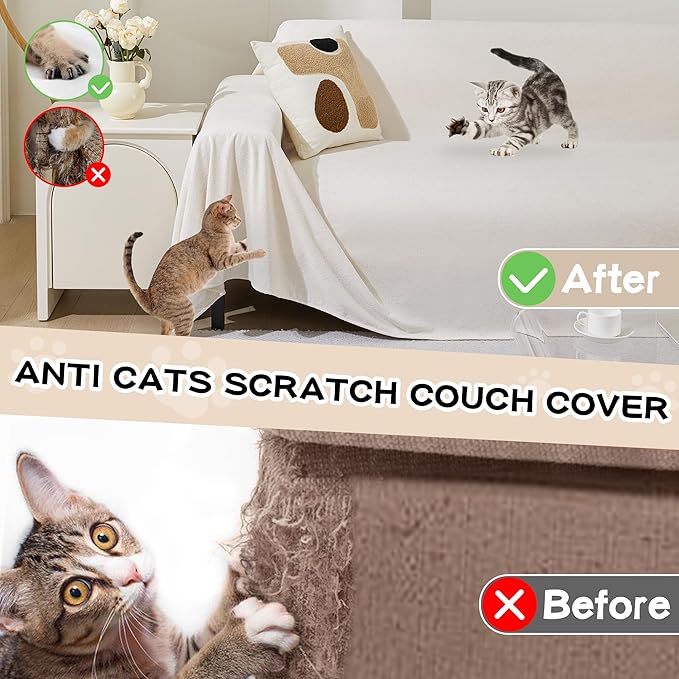 MEETSKY Couch Cover for 3 Cushion Cat Scratch Proof Couch Protector Washable Sofa Covers Sectional Couch Covers for Dogs Soft L Shape Sofa Slipcover for Pets Kids, 91" x 134", Creamy White
