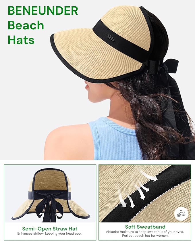 BENEUNDER Sun Visors for Women UPF50+ Foldable Wide Brim Straw Hats Packable Summer Ponytail Beach Hats for Travel
