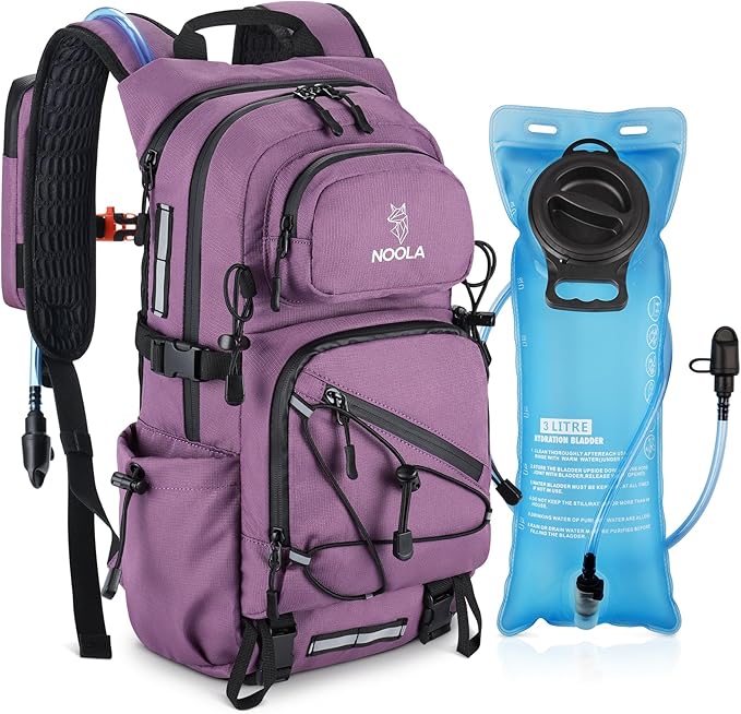 NOOLA Hydration Backpack with 3L Water Bladder - 22L Water Backpack for Hiking, Cycling, Running, Biking - Lightweight Hiking Pack Bag with Rain Cover, Phone Holder and Trekking Pole Holders, Purple
