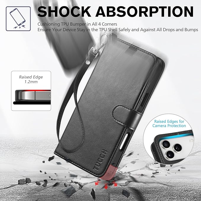TUCCH Wallet Case for iPhone 17 Pro Max (6.9") 2025, Wrist Strap RFID Blocking 4 Card Slots, Kickstand, Shockproof TPU Shell, PU Leather, Magnetic Closure, Protective Flip Cover, Black