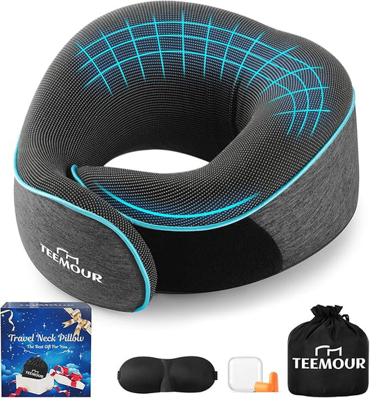 Teemour Upgraded Neck Pillow for Airplane Travel - 360° Support, Memory Foam Travel Pillow with Eye Mask & Earplugs, Portable Carry Bag for Long Flights/Car| Best Airplane Accessories Dark Grey