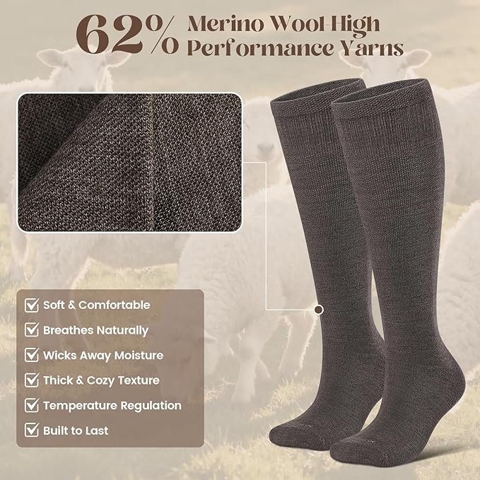 LEVSOX Thick Merino Wool Compression Socks for Women and Men 20-30mmHg Knee High Support Socks for Flying Nurses Pregnancy