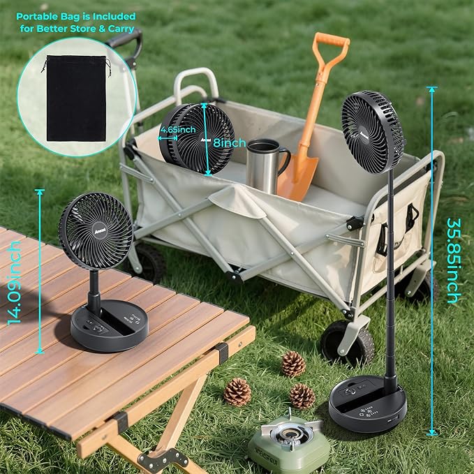 AMACOOL 8'' Foldable Oscillating Fan, 10000mAh Battery Operated with Remote & Timer, Height Adjustable Portable Standing Fan, Quiet USB Output for Camping RV Picnic Home Office Outdoor