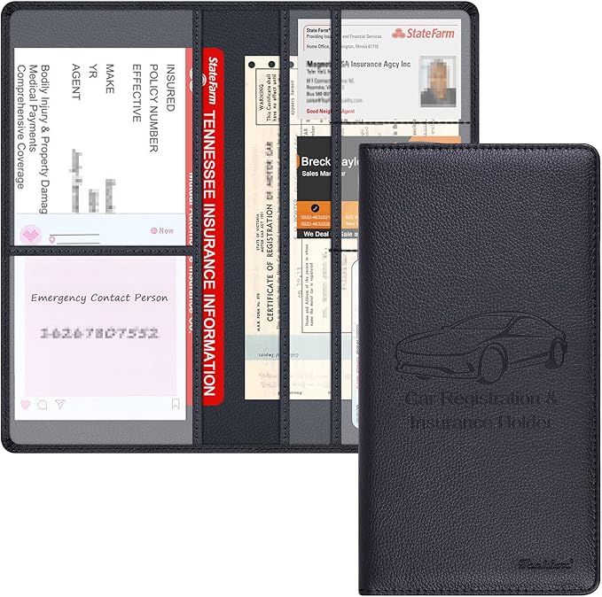 Car Insurance and Registration Holder, 9.5 x 5 Inch PU Leather Vehicle Glove Box Organizer Wallet Case for Insurance Card, Driver License, Paperwork - Black