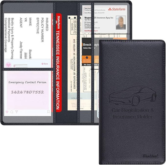 Car Insurance and Registration Holder, 9.5 x 5 Inch PU Leather Vehicle Glove Box Organizer Wallet Case for Insurance Card, Driver License, Paperwork - Black