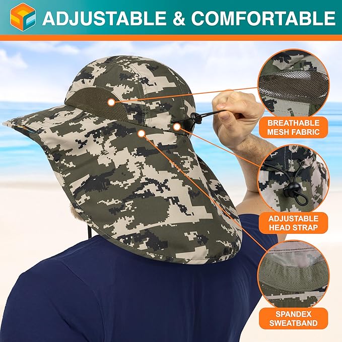 SUN CUBE Wide Brim Sun Hat with Neck Flap, UPF50+ Hiking Safari Fishing Hat for Men Women, Sun Protection Beach Hat