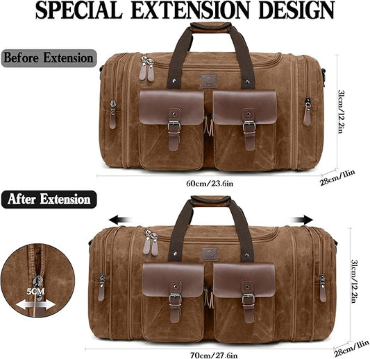 Canvas Duffle Bag for Men 60L Travel Duffel Bags Expandable Genuine Leather Duffel Overnight Weekender Carry On Bag Two Zipper Pockets Travel Bag (Vintage Dark Brown, X Large-60L)