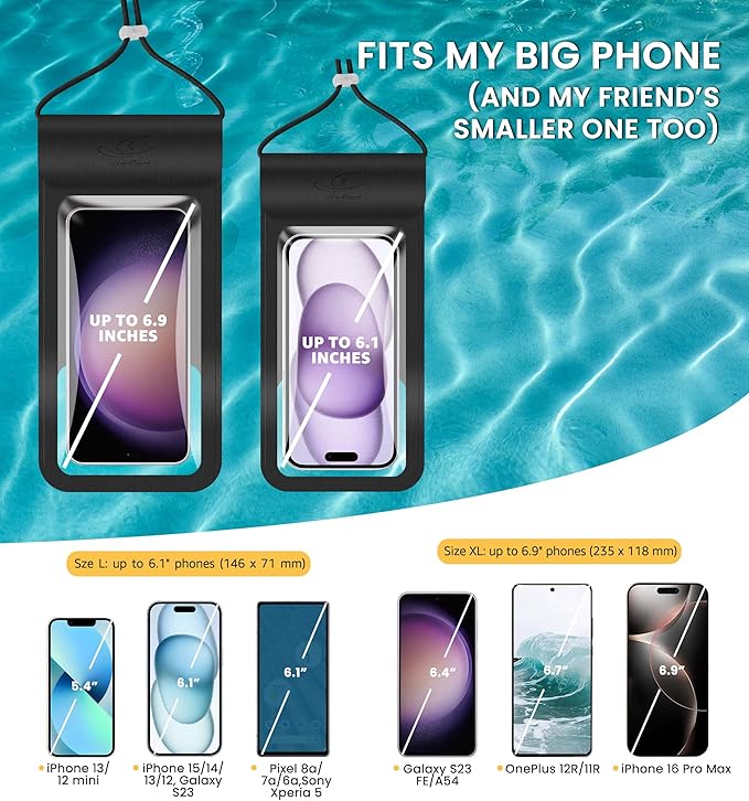 HiRui Universal Waterproof Phone Pouch with Touch Screen, IP68 Waterproof Phone Case Dry Bag for Beach, Compatible with iPhone 16/15/14/13/12/XR/SE, Samsung Galaxy, Fits up to 6.1" (Black, Large)