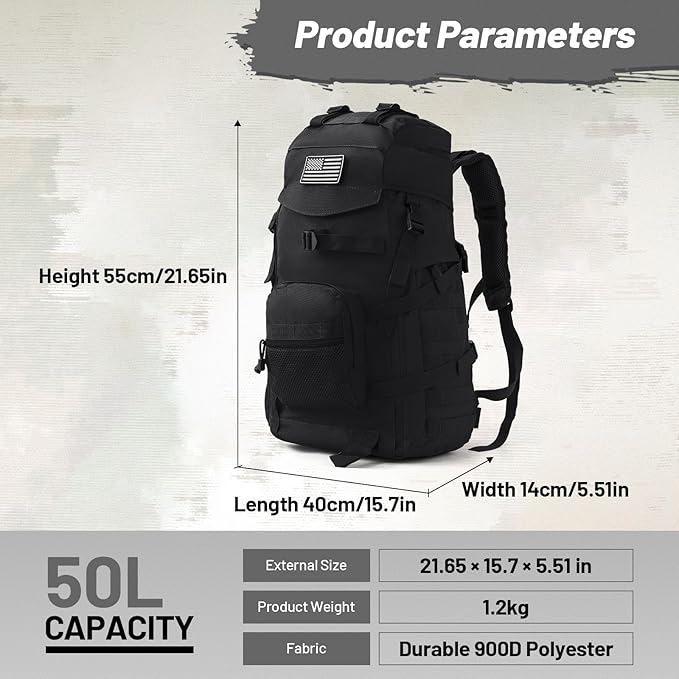 AUMENTAR 50L Tactical Backpack for Men and Women, Water-Resistant Molle Rucksack, Large Military Assault Pack for Hiking, Hunting, Camping, Gym & Outdoor Survival Black