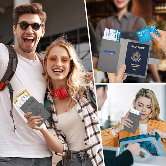 Caweet Passport Holder Cover Case Wallet, Cute Leather Travel Accessories for Women and Men, Fabric Grey