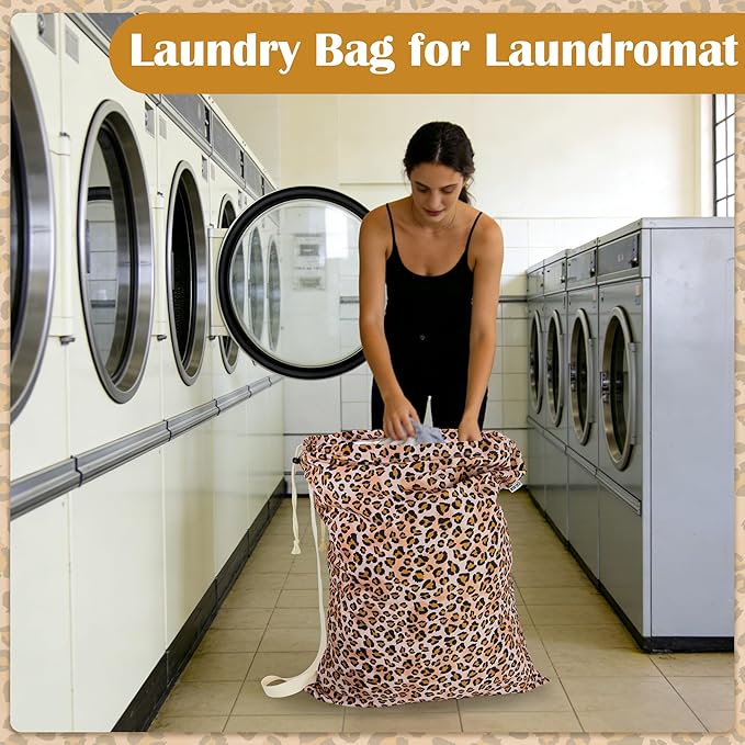Canvas Laundry Bag with shoulder Strap 24" x 29", Large Drawstring Dirty Clothes Bag Washable Laundry Sack for College Dorm, Travel, Home, Camp (Leopard)
