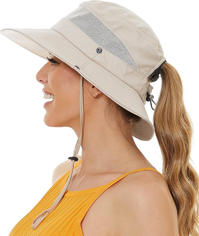 Sun Bucket Beach Hats for Women with Ponytail Hole,Sun Protection UV UPF50+ Waterproof Fishing Safari Hiking Hat