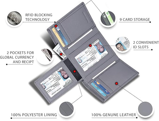 Real Leather Mens Trifold Wallet RFID Blocking Slim Minimalist Front Pocket - Thin & Stylish with ID Window in Gift Box