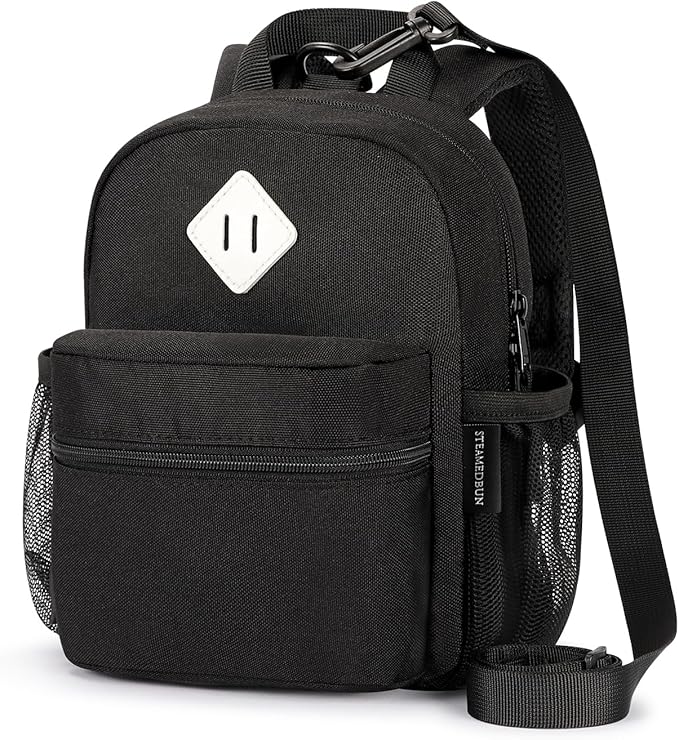 STEAMEDBUN Toddler Backpack Leash - Anti-Lost Harness Backpack for Boys Girls - 1-3 Years, Modern, Unisex, Black, 9.5" x 7" x 3.5", 5L, Polyester, Zipper, Solid, 4 Pockets, Machine Wash