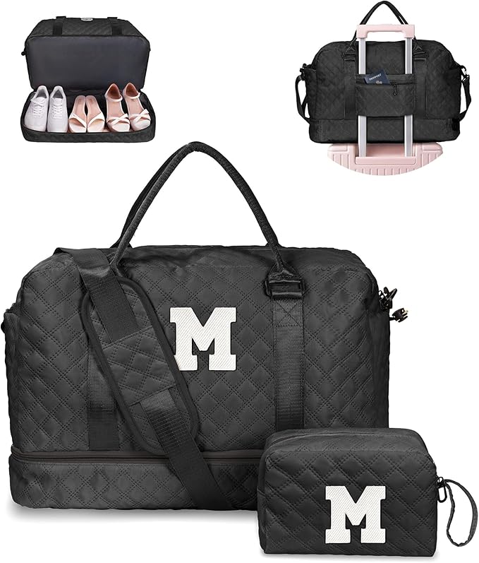 Vogewood Teens' Birthday Gifts - Initial Duffle Bag with Separated Shoe Compartment, Weekender, Overnight & Travel Bag - Letter M