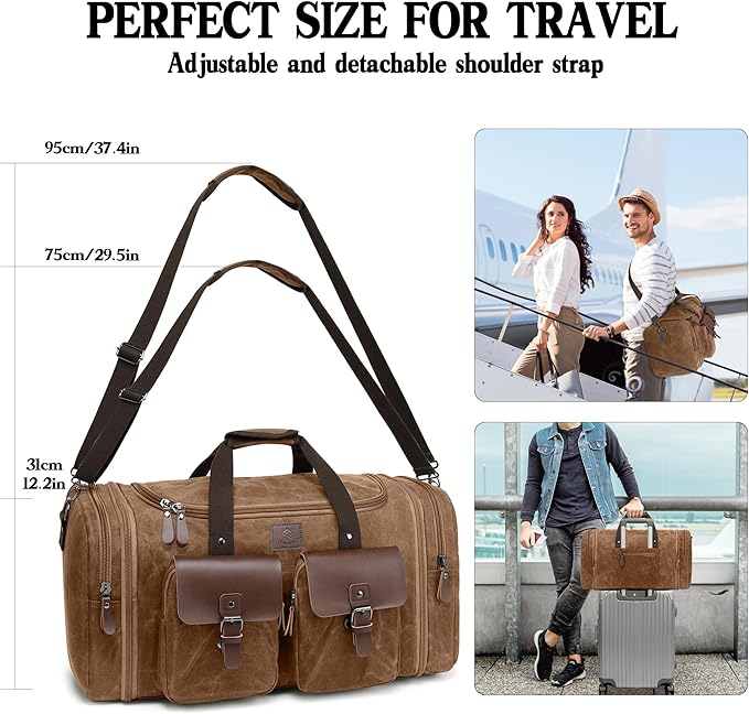 Canvas Duffle Bag for Men 60L Travel Duffel Bags Expandable Genuine Leather Duffel Overnight Weekender Carry On Bag Two Zipper Pockets Travel Bag (Vintage Dark Brown, X Large-60L)