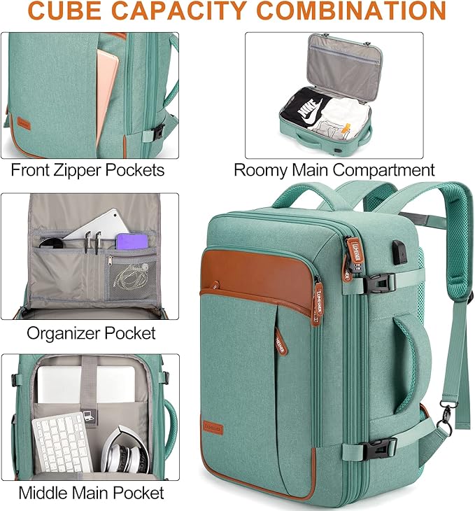 Lumesner Carry on Travel Backpacks, Extra Large 40L Flight Approved for Men & Women,Expandable Suitcase backpack (Green (Backpack With 4 Packing Cubes))