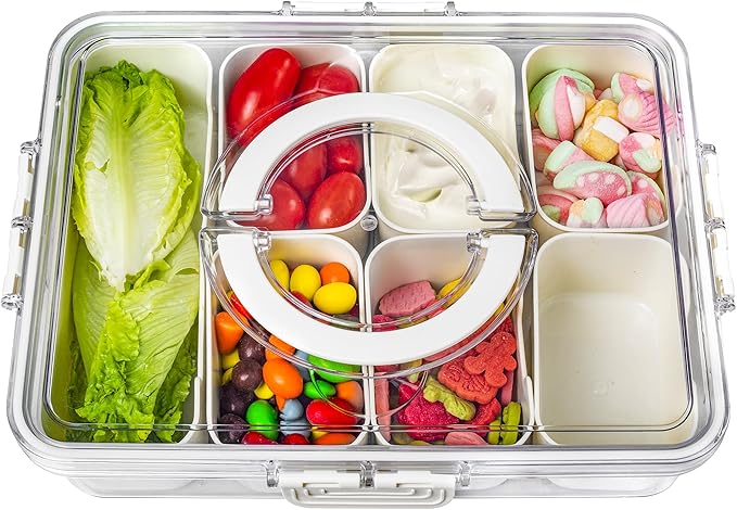 Bandesun Divided Serving Tray with Lid and Handle - Snackle Box Charcuterie Container for Portable Snack Platters - Ideal for Party and Entertaining - Clear Organizer for Candy, Fruits and Nuts
