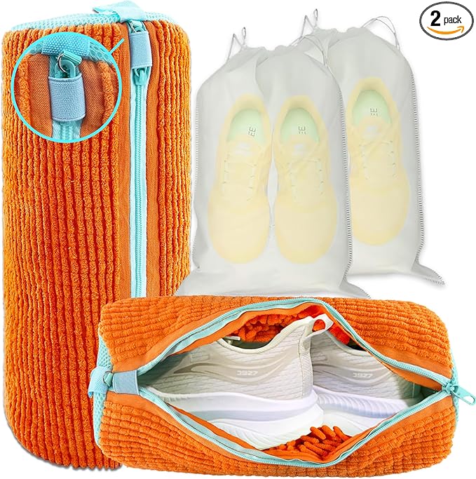 XXL Shoe Washing Machine Bag - 2-Pack Reusable Shoes Cleaning Bags, 360° Deep Clean for Sneakers, Tennis Shoes, and Slippers, Includes 2 Shoe Storage Dust Bags (Orange)