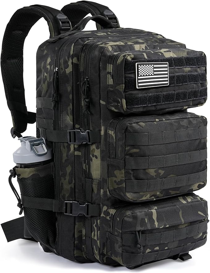 Military Tactical Backpack 25L Day Backpack for Men Molle Army 3 Days Assault Pack Bug Out Bag Water Resistant and Heavy Duty Hiking Treeking Rucksack - Black Camo