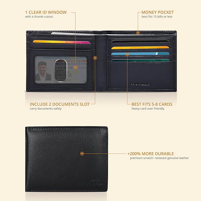 Oak Leathers Slim Leather Wallet for Men - RFID Blocking Slim Minimalist Front Pocket - Thin & Stylish with ID Window, Gift For Men (Black)