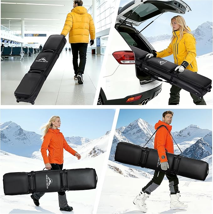 Wheeled Ski Bag for Air Travel - Extendable 155-185CM Waterproof Padded Rolling Snowboard Bag for Double Skis, Boots, Helmet & Ski Gear
