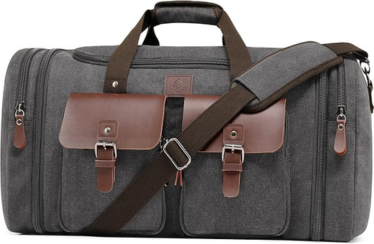 Canvas Duffle Bag for Men 60L Travel Duffel Bags Expandable Genuine Leather Duffel Overnight Weekender Carry On Bag Two Zipper Pockets Travel Bag (Grey, X Large-60L)