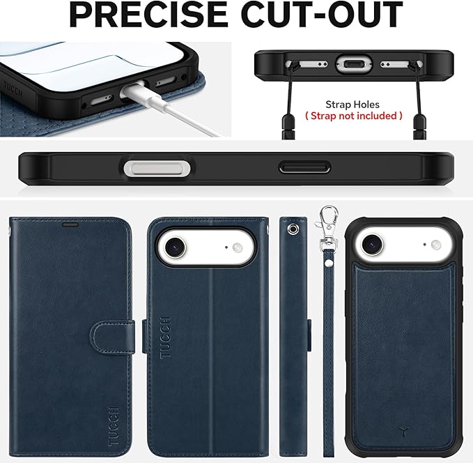 TUCCH 2-in-1 Detachable Wallet Case for iPhone Air (6.5-inch) 2025, RFID Blocking | 4 Card Holders | Wireless Charging | Wrist Strap | Kickstand | Magnetic | PU Leather Protective Cover | Dark Blue