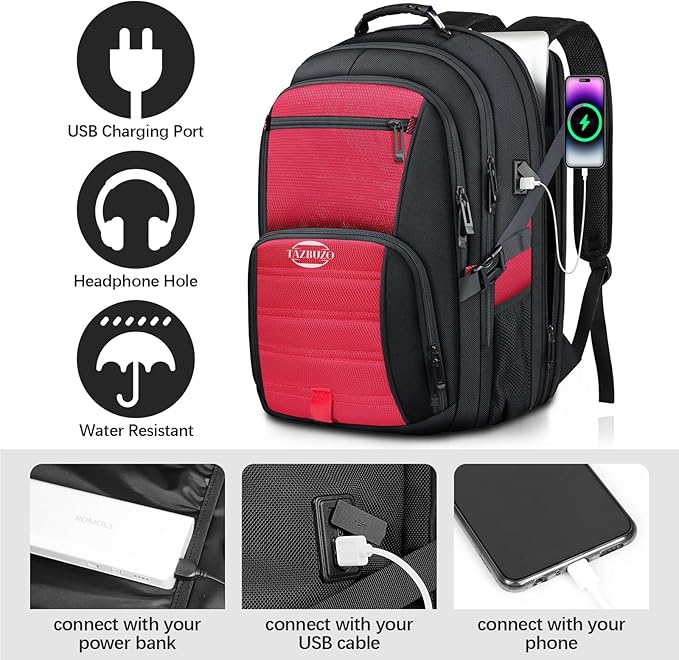 52L Extra Large Travel Backpack, 18.4 Inch Travel Laptop Backpack, Multiple Pockets 55L Carry on Backpack with USB Port, TSA Friendly Water Resistant College School Business Bag for Women, Red