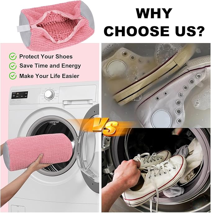 Shoe Washing Machine Bag - Laundry Shoe Bag (2-Pack) Includes 3 Laundry Bags, Reusable, Washer & Dryer Safe, 360° Deep Cleaning for All Shoe Types, Self-Locking Zipper(Pink)