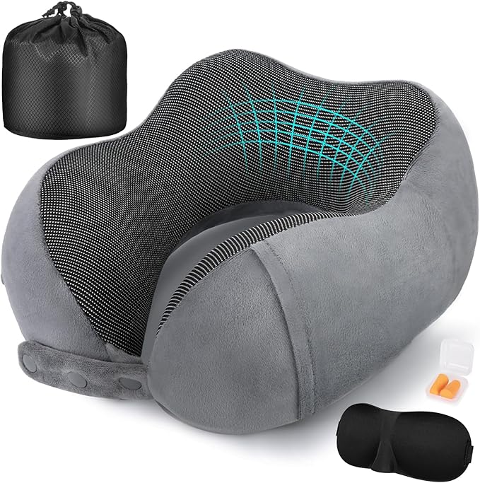 Neck Pillow for Traveling, Travel Pillows for Airplanes,100% Pure Memory Foam Travel Neck Pillow, Adjustable Flight Pillow, Portable Plane Accessories with Eye Mask, Earplugs, Carry Bag