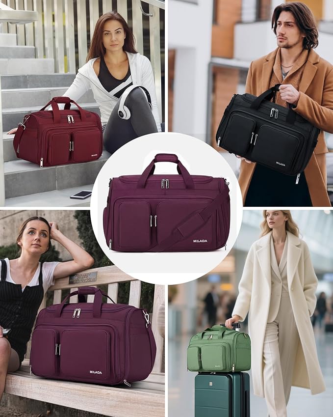 MILADA Carry On Luggage Bags for Travel Large Foldable Duffle Bag for Travel Lightweight Personal Bags for Airplanes Weekend Overnight Bags for Women Mens Travel Bag, Purple