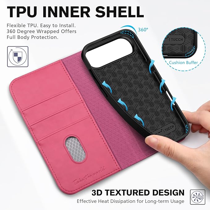 TUCCH Case Wallet for iPhone Air (6.5-Inch) 2025, [3 Card Slots] Kickstand [RFID Blocking] PU Leather Case, Flip Folio Cover with [TPU Shockproof Interior Shell], Hot Pink