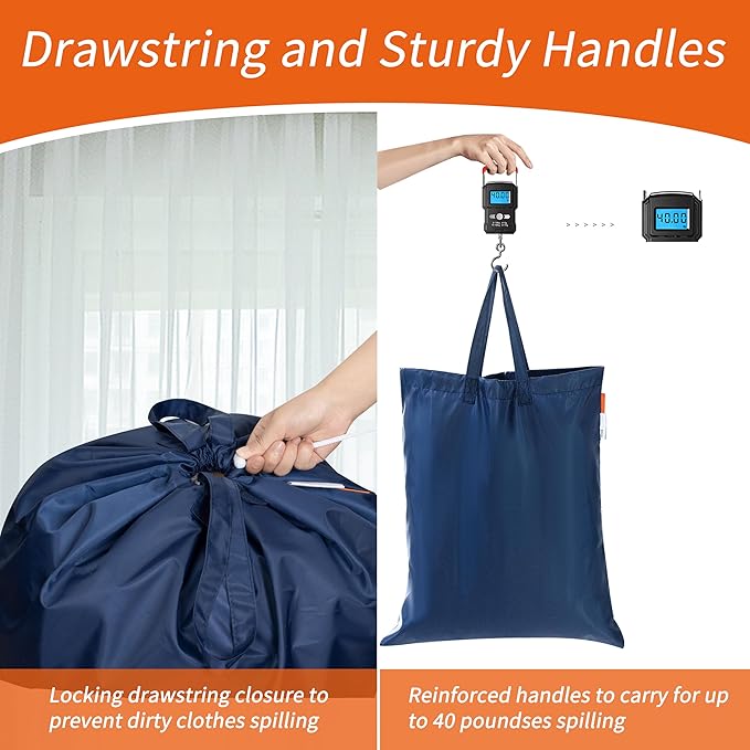 Polecasa Small Heavy Duty Laundry Bag with 130gsm Tear Resistant Fabric and Handles, Easy to Carry Durable Dirty Clothes Drawstring Bag, Perfect for College Dorm, Travel, 21”x24”,Navy
