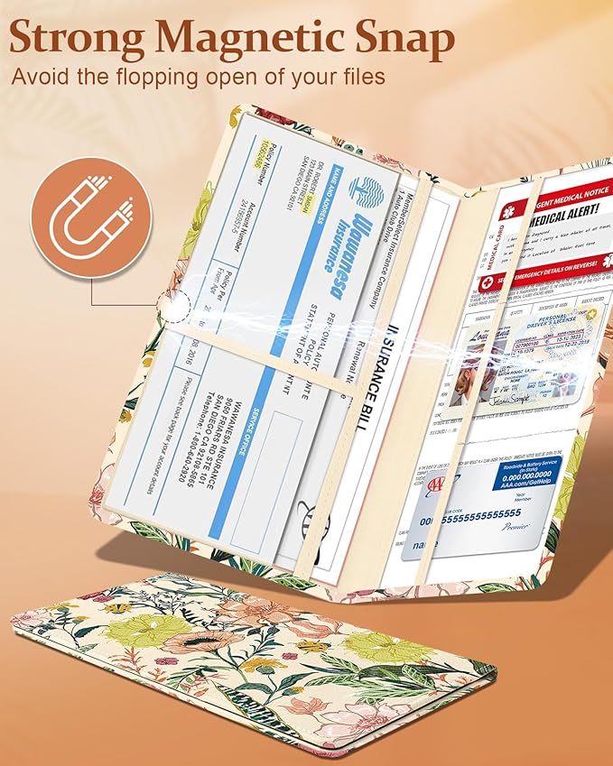 Slohif Car Registration and Insurance Card Holder with Magnetic Shut - Vehicle Glove Box Organizer Women Leather Automobile License Holders Coasters Auto Case for Document Flower Floral