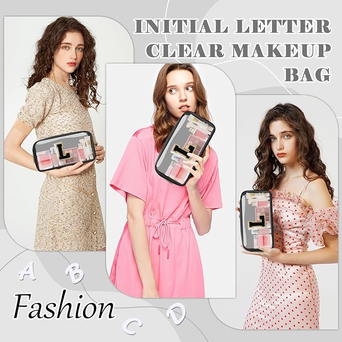 Personalized Initial Letter Clear Makeup Bag,Preppy Small Nylon&PVC Cosmetic Zipper Bag with Chenille Letter,Travel Skincare Toiletry Bag,Monogram Christmas Gift for Teen Girls Women,L
