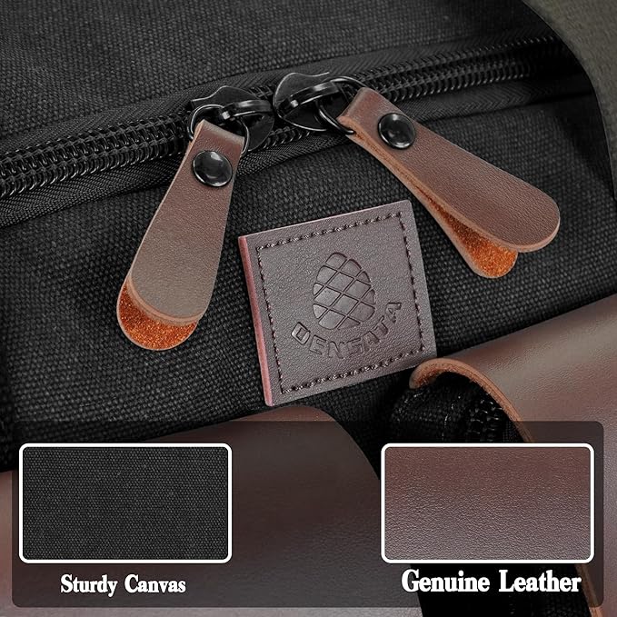Canvas Duffle Bag for Men 50L Travel Duffel Bags Expandable Genuine Leather Overnight Weekender Carry On Bag Two Zipper Pockets Travel Bag (Black, Large-50L)