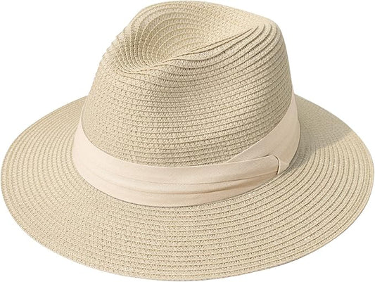 Lanzom Women Wide Brim Straw Panama Roll up Hat Fedora Beach Sun Hat UPF50+