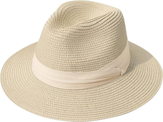 Lanzom Women Wide Brim Straw Panama Roll up Hat Fedora Beach Sun Hat UPF50+
