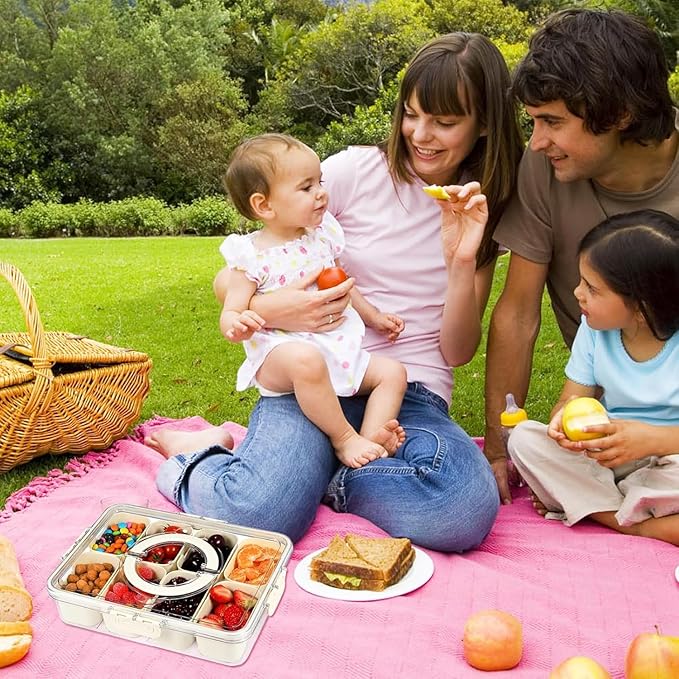 Snackle Box Container, Divided Serving Tray with Lid and Handle, Portable Charcuterie Board for Portable Snack Platters, Clear Organizer for Candy, Fruits, Nuts, Snacks, Perfect for Party, Travel