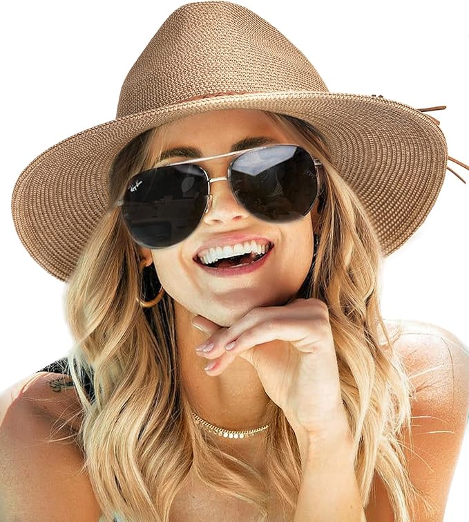 FURTALK Sun Hats for Women Summer Wide Brim UV UPF 80+ Panama Fedora Foldable Packable Straw Beach Hat