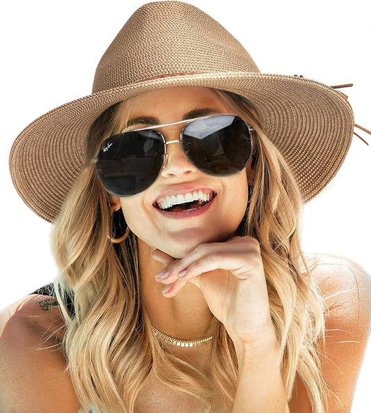 FURTALK Sun Hats for Women Summer Wide Brim UV UPF 80+ Panama Fedora Foldable Packable Straw Beach Hat