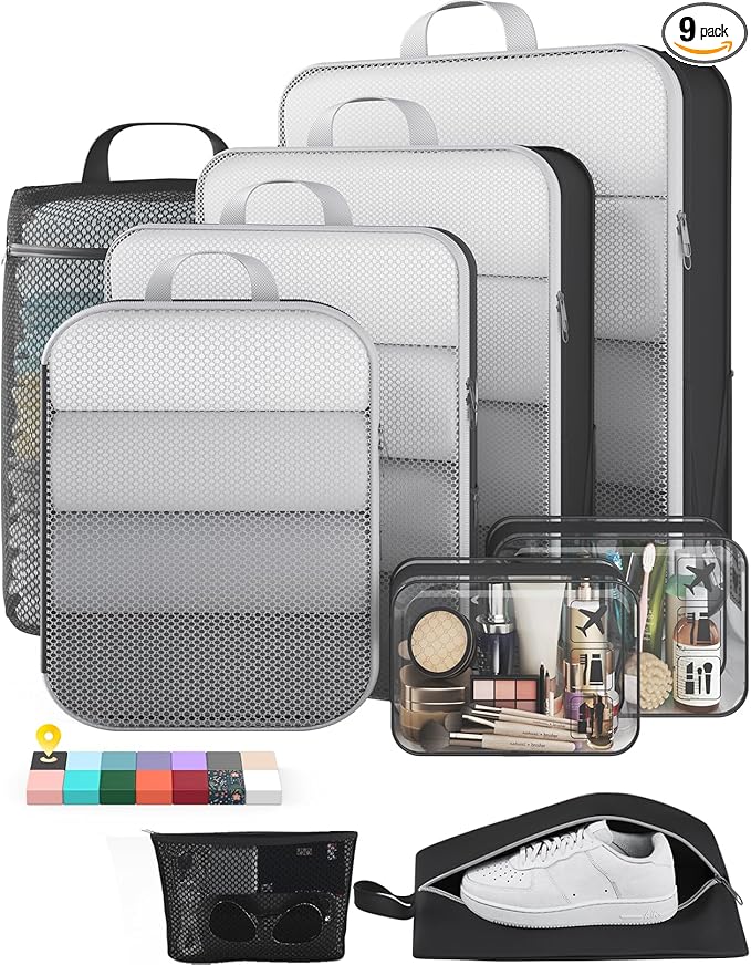 Veken 9/11 Set Compression Packing Cubes for Travel Essentials,Compressible Expandable Large Luggage Suitcase Organizer Bags for Clothing,Durable Space Saver Storage Bags with Toiletry Bags(Black)