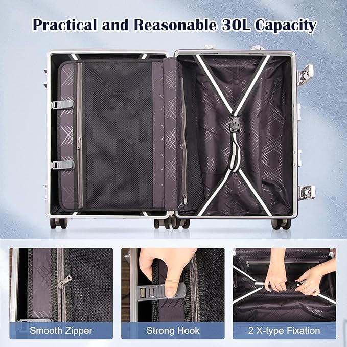 DOMINOX All Aluminum Carry On Luggage Hard Shell Luggage Aluminum Suitcase for Travel Zipperless Luggage Checked Luggage with Silent 360° Spinner Wheels 20 In. (Vertical Grain Style, Sliver)