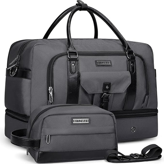 WITZMAN Weekender Bags for Men Women Carry On Duffle Overnight Bag with Toiletry Bag Sets Travel Duffel Bag Shoes Compartment （B694 Silvery Grey）