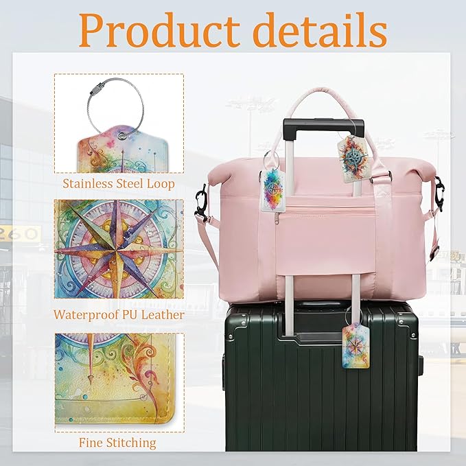 Colorful Compass 3 Pack Luggage Tag for Suitcase, Leather Bag Tags with Privacy Cover ID Label and Durable Steel Loop for Cruise Airport Travel