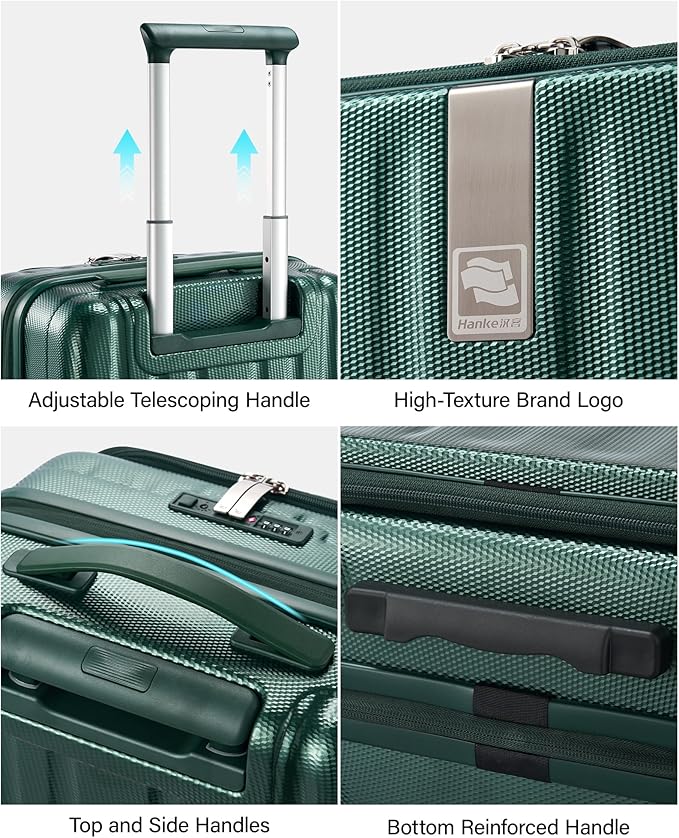 Hanke 16 Inch Expandable Under Seat Luggage with Wheels Top Opening Small Suitcase with Wheels Carry On Luggage Airline Approved Lightweight Hard Shell Suitcases for Weekender Overnight-Blackish Green