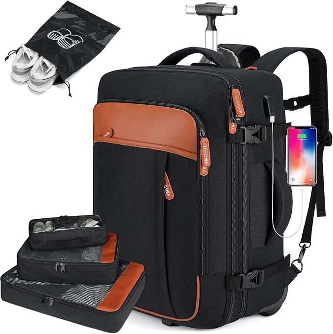 Lumesner Rolling Backpack for Men and Women, Extra Large 42L Travel Backpack with Wheels, 17.3 Inch Carry-On Laptop Bag with 4 packing cubes for Business and Work, Large Capacity Rolling Bag, Black