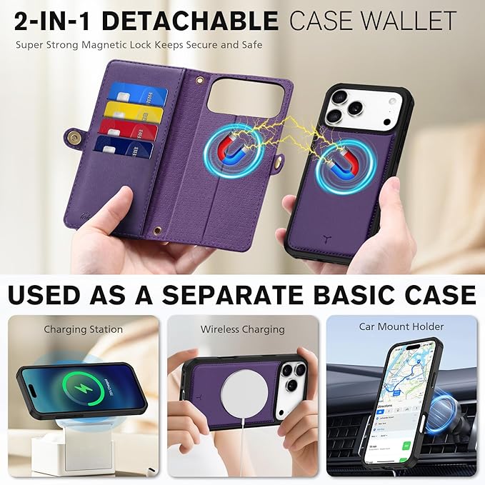 TUCCH Removable Crossbody Wallet Case for iPhone 17 Pro Max, RFID Blocking 10 Card Holders, Lanyard, Wrist Strap, Wireless Charging, Stand, Zipper Pocket, PU Leather, Magnetic Flip Cover, Deep Purple